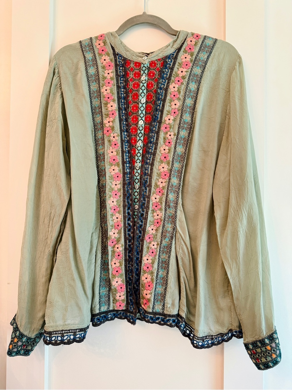 Johnny Was Olive Green Embroidered Boho Blouse with Floral Trim